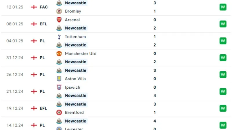 Phong độ thi đấu Newcastle